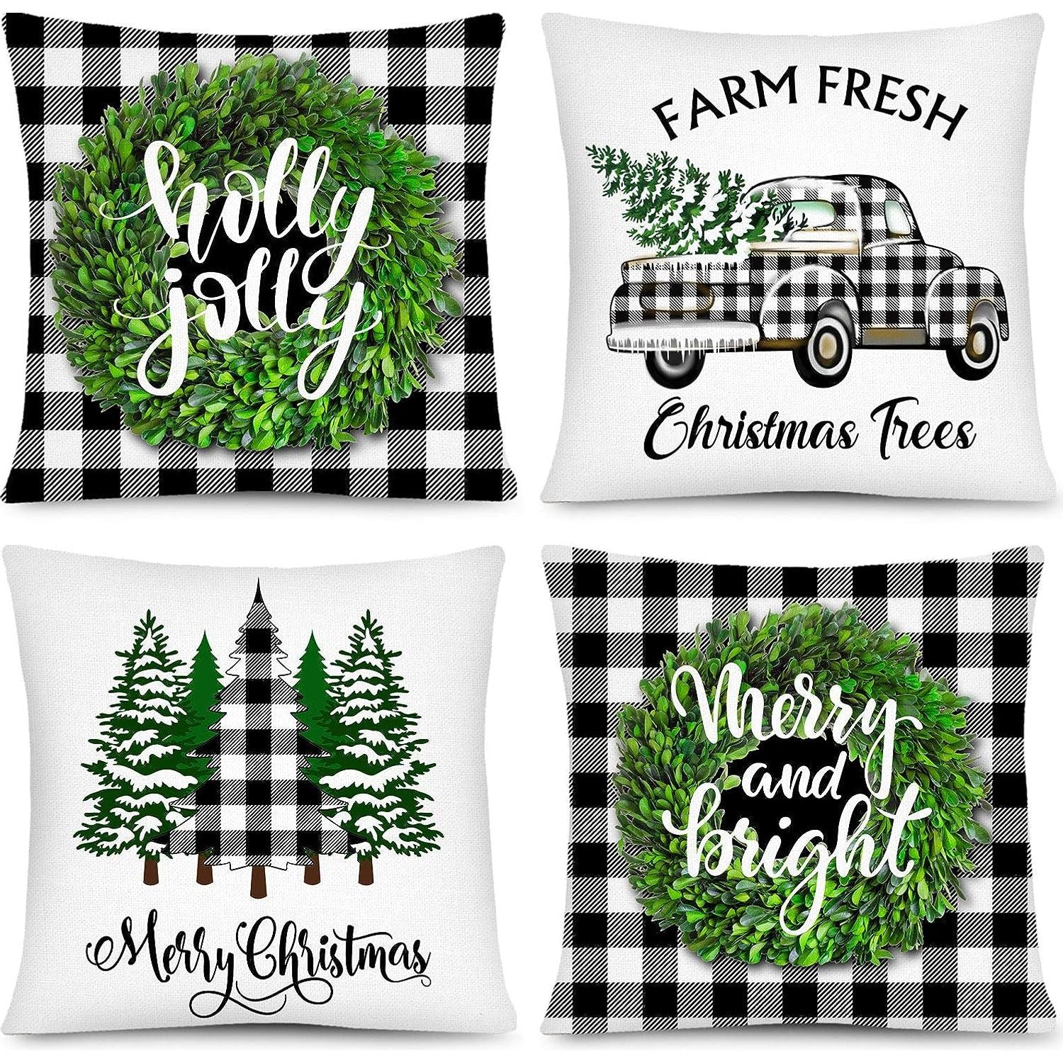 Set van 4 - Kerst Kussenhoes - Zwart Wit Plaid Design - Feestelijke Decoratie - 45 x 45 cm
