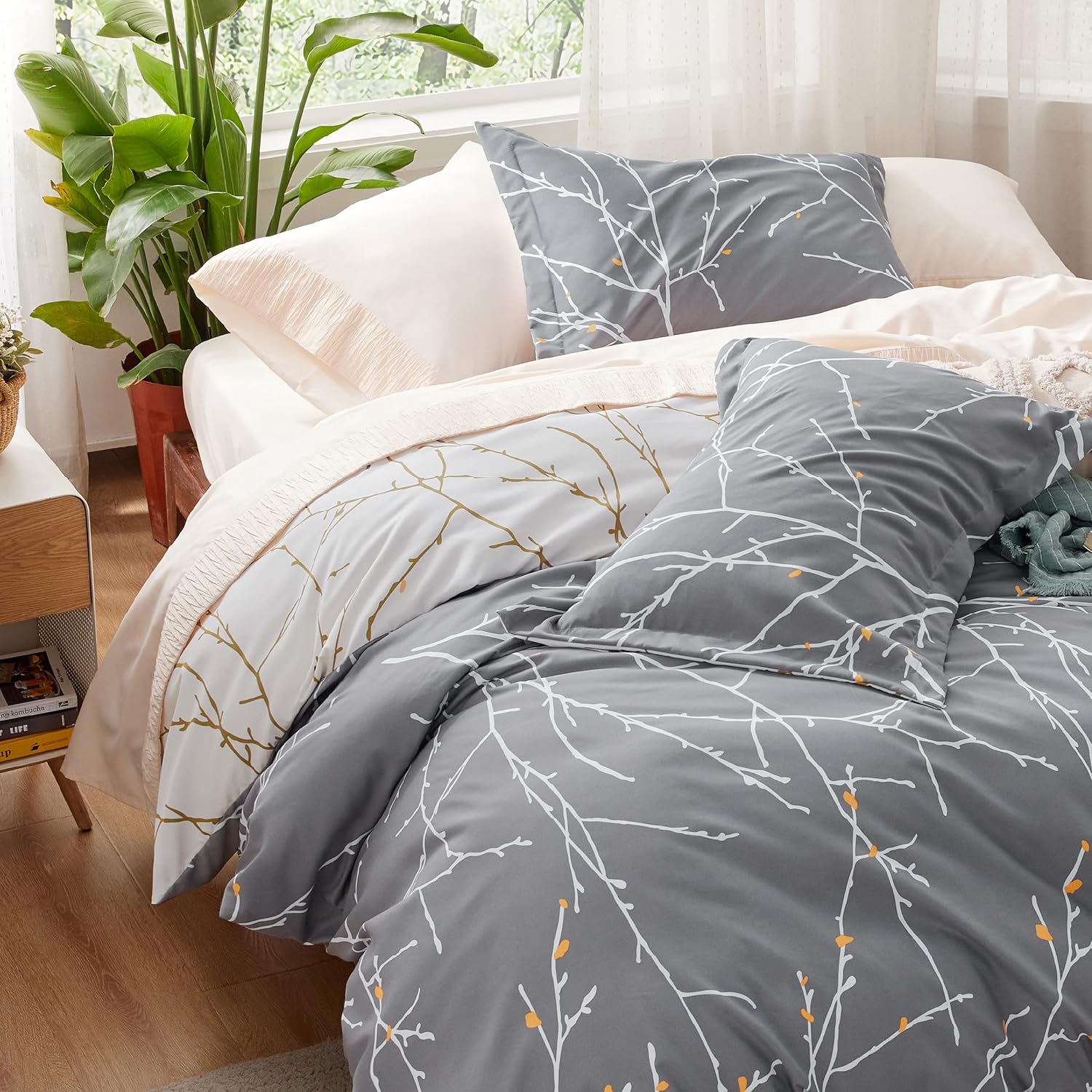3 Stuks -luxe Bedsure King-Size Dekbedovertrek met Boomtakmotief - Botanische Grijze/Blawe Beddenset met Ritssluiting, Set Inclusief Omkeerbaar Dekbedovertrek 104