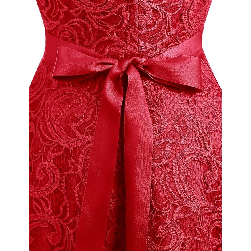Korte Cocktailjurk met Kant – V-Hals – Mouwloos – Knie-lengte – A-Lijn Feestjurk met Afneembare Tailleband – Zachte & Rekbare Stoffen – Voor Feest, Bruiloft, Gala, Date of Club – Elegant & Comfortabel