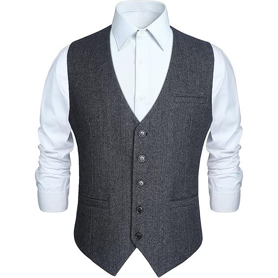 Herenvest - Herringbone Taillevest - Tweed Taillevest - Taillevest met 1 rij knopen - Formeel Kostuumvest voor Heren - Taillevest met Visgraatpatroon - Heren Gilet met 1 Knopenrij - Zakelijk Gilet met Visgraatpatroon