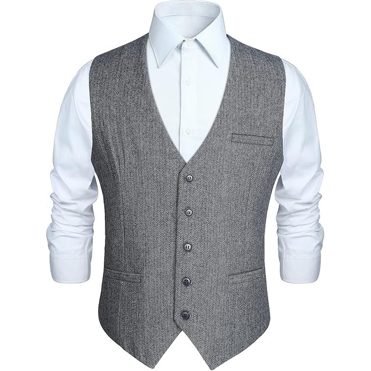 Herenvest - Herringbone Taillevest - Tweed Taillevest - Taillevest met 1 rij knopen - Formeel Kostuumvest voor Heren - Taillevest met Visgraatpatroon - Heren Gilet met 1 Knopenrij - Zakelijk Gilet met Visgraatpatroon