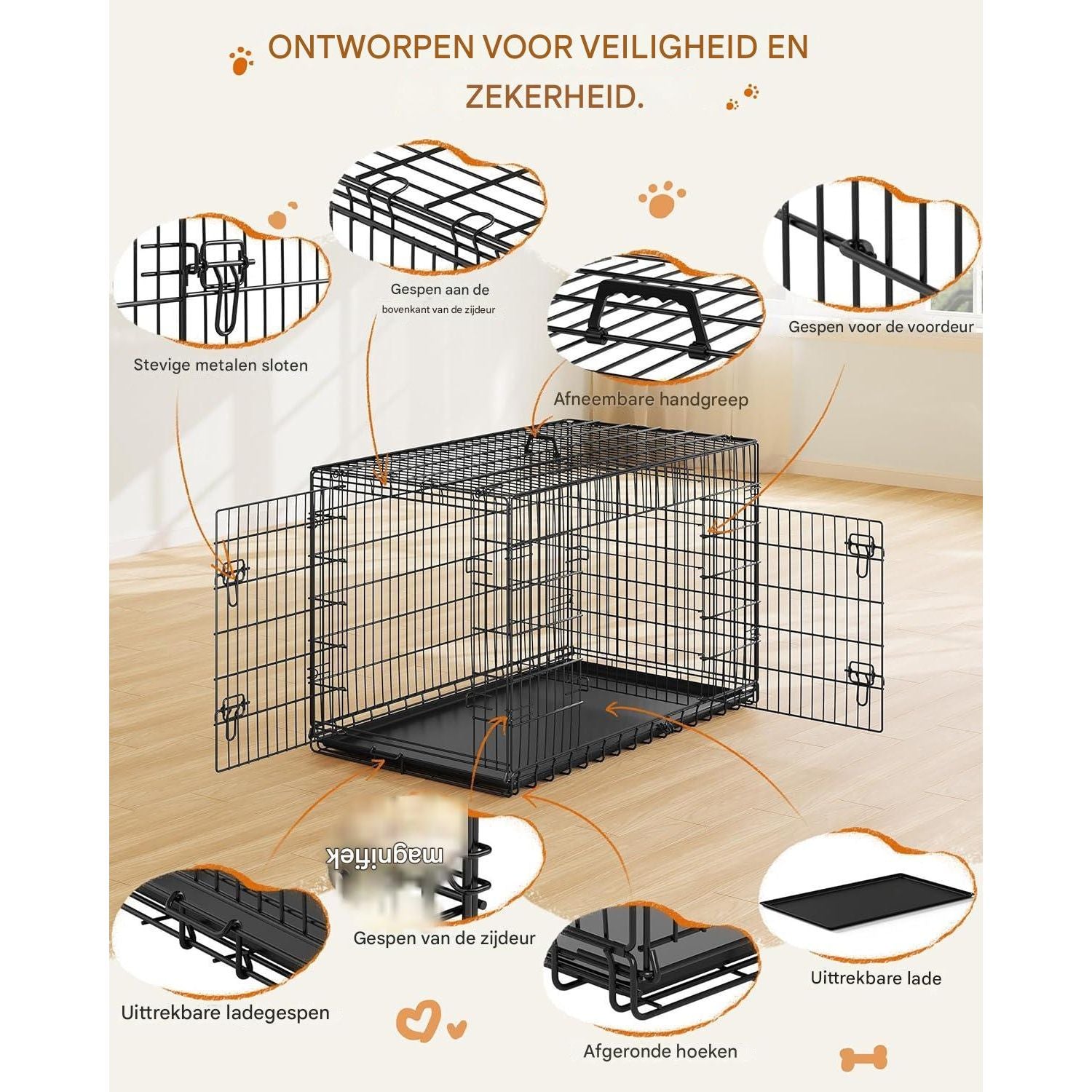 Yaheetech Inklapbare Hondenkooi - 107 x 60 x 66 cm - Hondenbox met 2 Deuren, Scheidingswand en Uittrekbare Bodemplaat - Draadkooi voor Middelgrote Honden - Geschikt voor Thuisgebruik en Reizen - Zwart