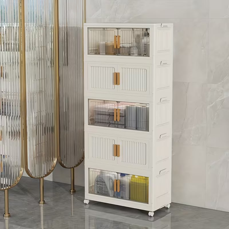 Opvouwbare opbergkast met 5 lagen – 110 cm hoog – verrijdbare plastic kast met dubbele deuren en wielen – 45 x 27 cm – ruimtebesparend opbergsysteem – inklapbare multifunctionele kast – ideaal voor speelgoed, boeken en huishoudartikelen