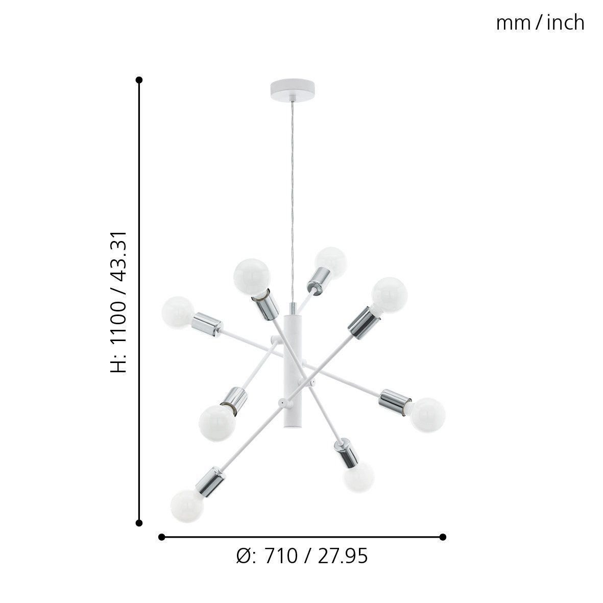 EGLO - GRADOLI Hanglamp - Wit Staal Met Chromen Details - 8 Verstelbare Armen - Minimalistisch En Futuristisch Design - Geschikt Voor E27 Lampen - 710mm Diameter - Verstelbare Hoogte Tot 1100mm