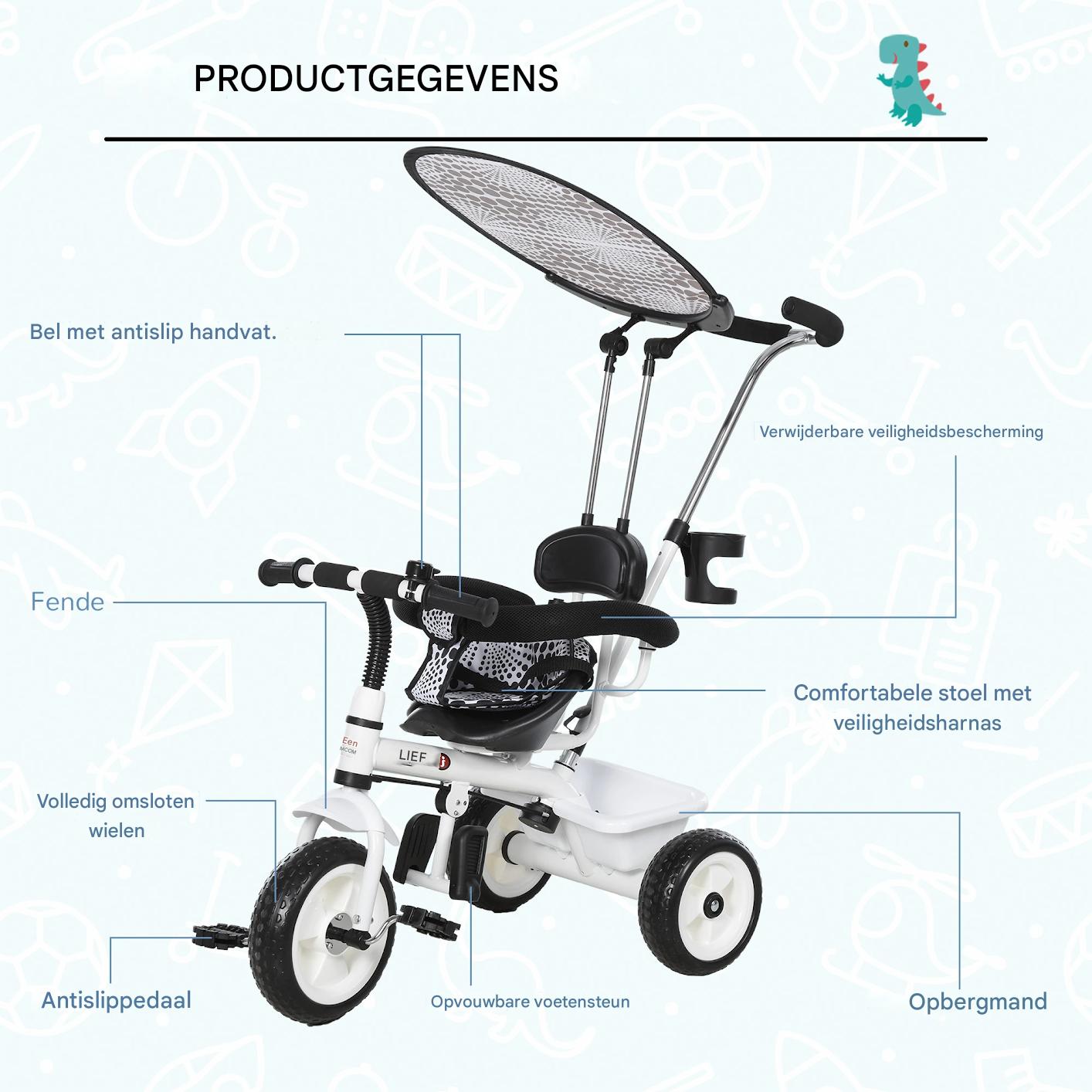 Kinder Driewieler – Met Duwstang – 3 Wielen – Met Bel en Zonnescherm – Verstelbare Ouderhandgreep – Met Opslagmand – Geschikt vanaf 18 Maanden – Stevig Metalen Frame – Max. 25 kg – Wit/Zwart