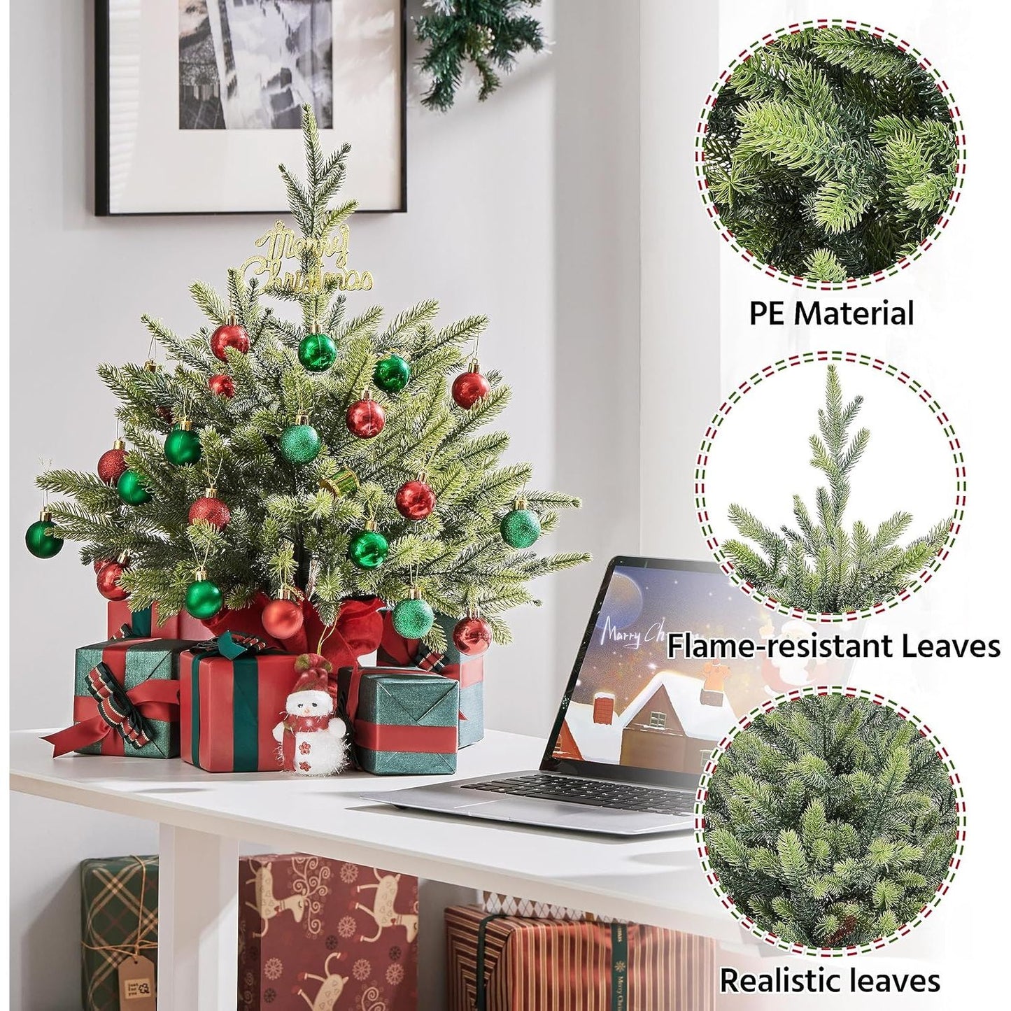 Yaheetech Mini Kunstkerstboom - 61 cm Hoog - Tafelkertboom met Cementbasis in Rode Stoffen Zak - Compacte Onverlichte Kerstdecoratie - Groene PE Naalden - 1 Stuk