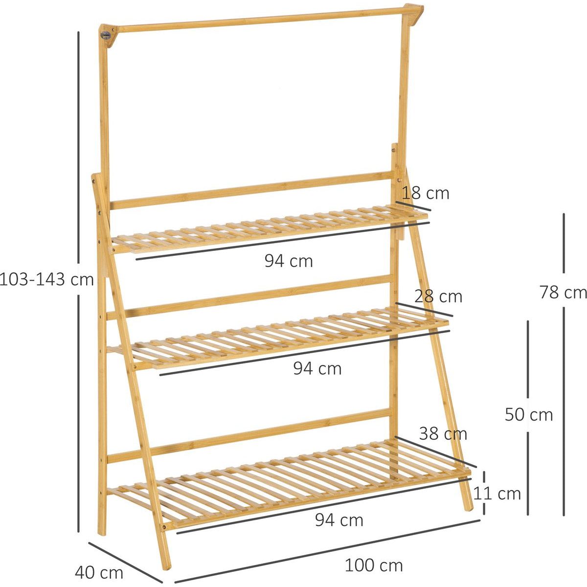 Bamboe Plantenrek – 3-Laags Opvouwbare Plantenstandaard – Plantentrap met Ophangrek – Bloementrap voor Binnen & Buiten – Houten Plantenhouder – Decoratief Bloemenrek – 100 x 40 x 96 cm – Inclusief Tuingereedschap & Haken – Ruimtebesparend & Stevig