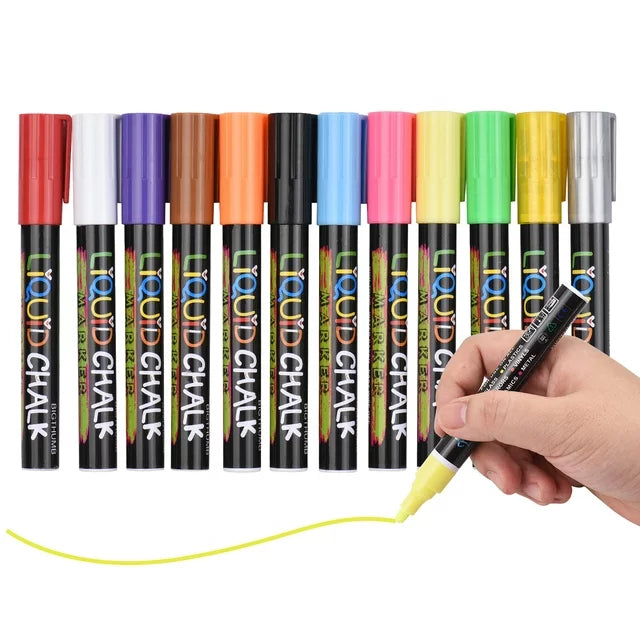 Veelzijdige Set van 12 Uitwasbare Krijt- en Raamstiften, Perfect voor Schoolbord, Ramen en Whiteboards - Inclusief Levendige Kleuren zoals Goud, Zilver, Zwart en Meer, Ideaal voor Creatieve Projecten en Decoratie