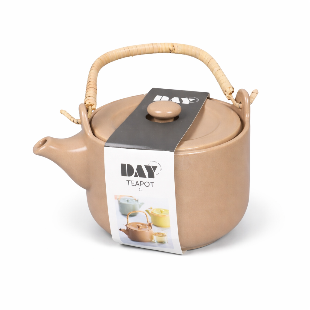 DAY theepot 1 liter keramische theepot – klassieke tea pot met deksel en handgreep – ronde thee pot met schenktuit – servies theekan voor thee zetten en serveren – beige theepot met handvat