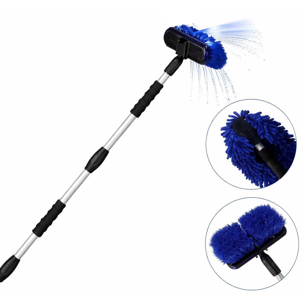 3-in-1 telescopische wasborstel set – uitschuifbare steel 163 cm – waterborstel met tuinslang aansluiting – zachte en harde borstel + chenille mop – schoonmaakset voor auto, ramen, terras en boot – waterbezem met aan/uit knop