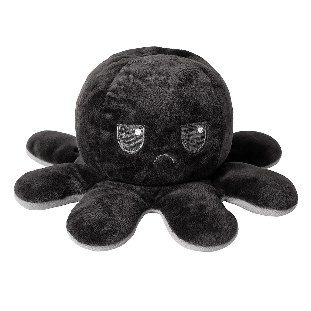 Omkeerbare Octopus Knuffel – Mood Knuffel met Emotie – Schattige Flip Knuffel – Emotionele Support – Zacht Pluche – Dubbelzijdig – 20x20x10 cm – Kleur Wisselend Gezicht - Zwart - Grijs