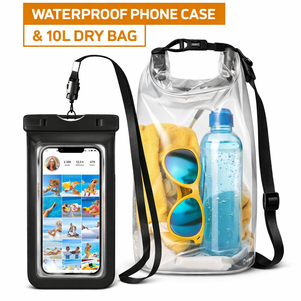 2 stuks – waterdichte dry bag 10L + telefoon waterdichte hoes – seesack met roll top sluiting en schouderband – waterproof tas en smartphone pouch – outdoor set voor strand, kajak, camping en watersport