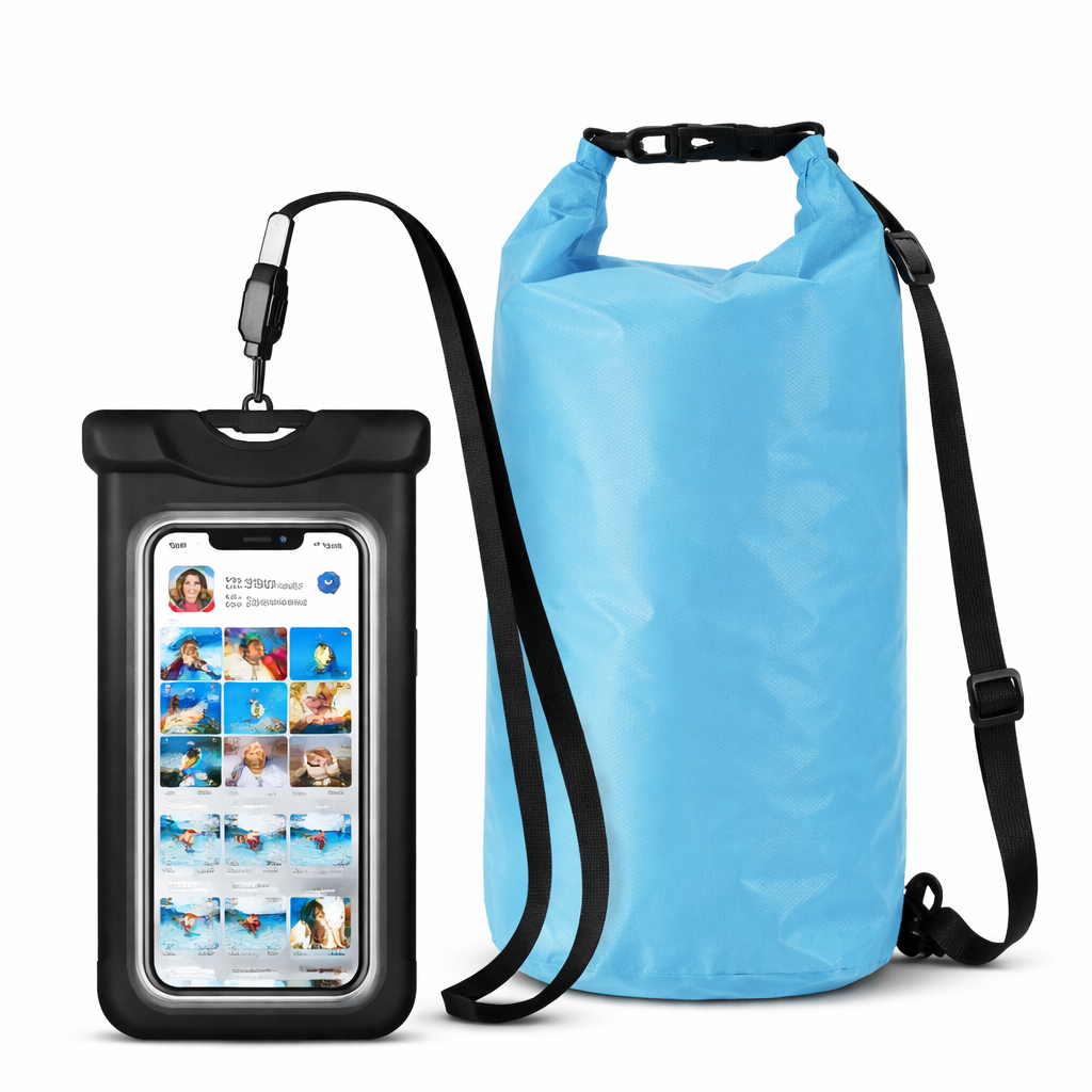 2 stuks – waterdichte dry bag 10L + telefoon waterdichte hoes – seesack met roll top sluiting en schouderband – waterproof tas en smartphone pouch – outdoor set voor strand, kajak, camping en watersport