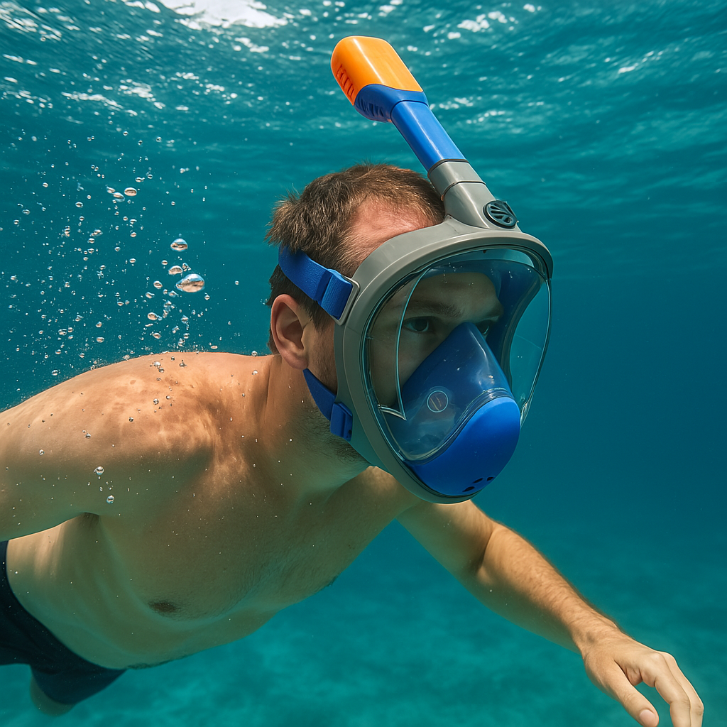 Snorkelmasker - Volledig Gezichtsontwerp - Maat L/XL - Grijs met Blauw - Anti-Fog - 180° Zichtveld - Duikmasker met Droog Top Systeem en Verstelbare Band voor Snorkelen in Zee of Zwembad