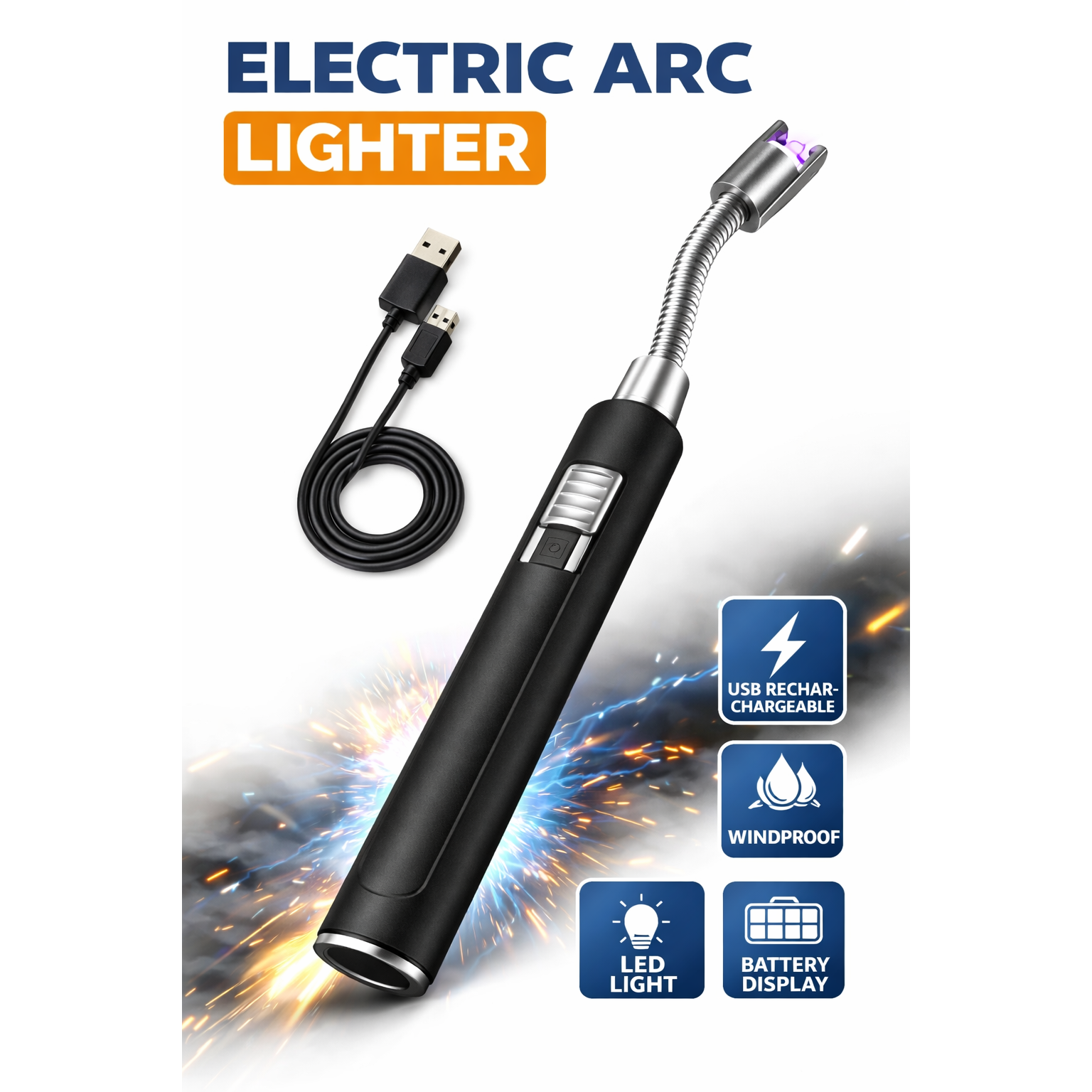 USB elektrische aansteker – oplaadbare plasma aansteker met flexibele hals – gasloze keuken aansteker – lithium batterij lighter – windbestendige boog aansteker – LED indicator – zwart – eco alternatief voor gasaanstekers