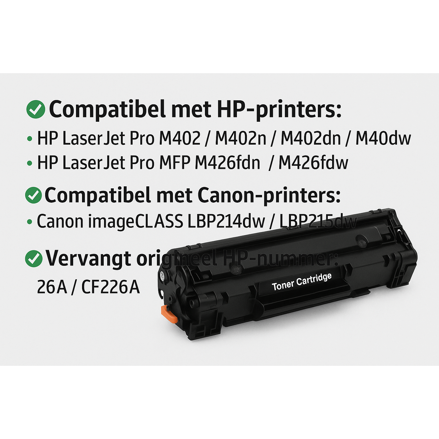 ZoomTec - Vervanging voor HP 26A CF226A - Zwart  Compatibele Toner Cartridge – Geschikt voor HP LaserJet Pro M402/M402n/M402dn/M402dw, MFP M426fdn/M426fdw Serie en Canon imageCLASS LBP214dw/LBP215dw – Hoge Capaciteit – HF226AU