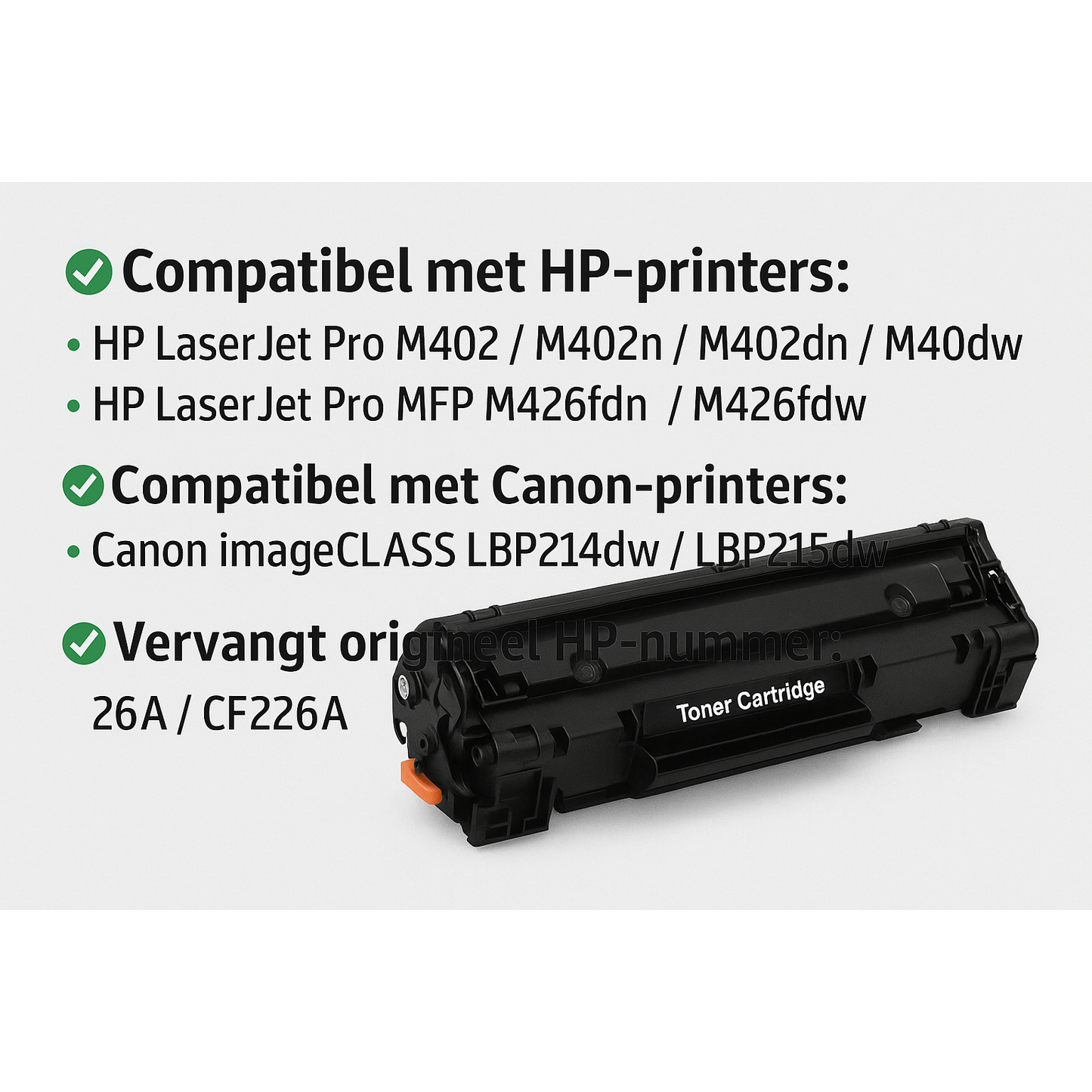ZoomTec - Vervanging voor HP 26A CF226A - Zwart  Compatibele Toner Cartridge – Geschikt voor HP LaserJet Pro M402/M402n/M402dn/M402dw, MFP M426fdn/M426fdw Serie en Canon imageCLASS LBP214dw/LBP215dw – Hoge Capaciteit – HF226AU