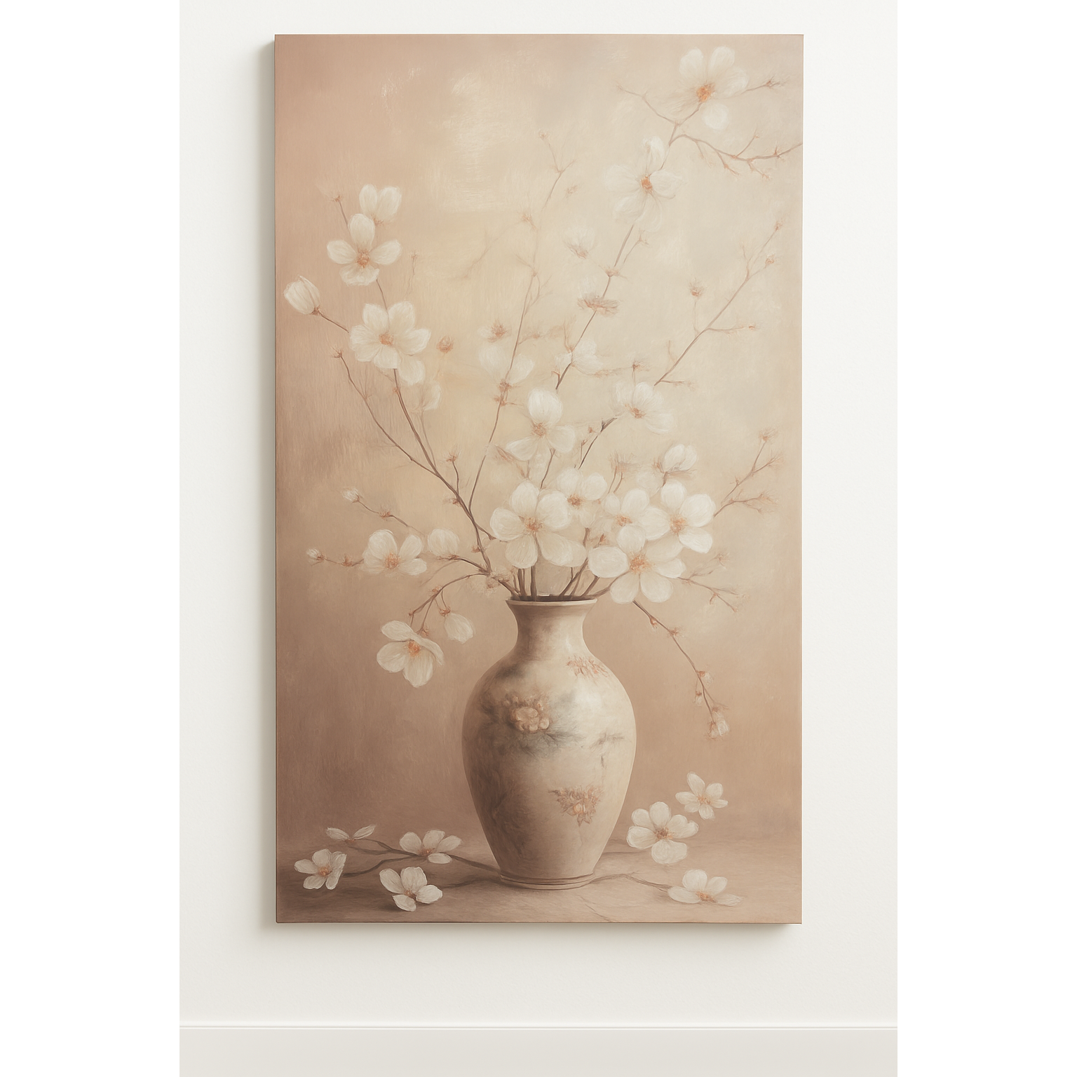 Bloesem in Vaas – Canvas Print 60 × 120 cm – Elegante Bloemendecoratie in Zachte Pasteltinten voor Woonkamer of Slaapkamer