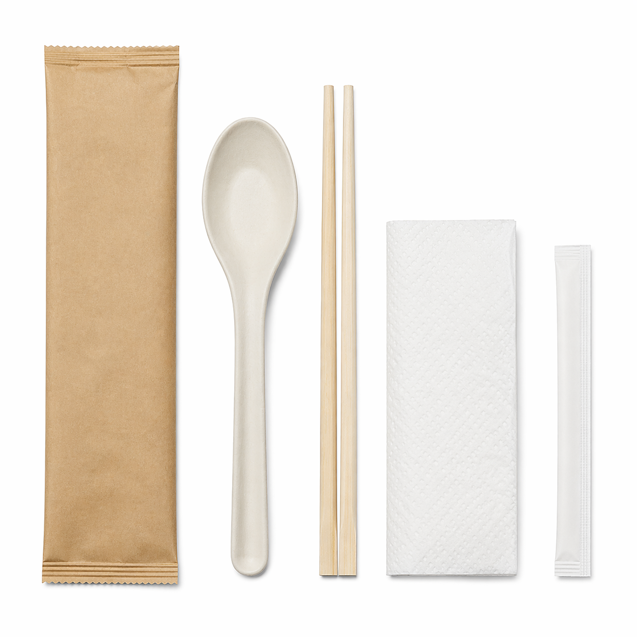 100 Stuks - Individueel Verpakte Restaurant Bamboe Besteksets - Chopstick Set - Inclusief Eetstokjes, Lepel, Servet en Tandenstoker - Perfect voor Picnic, BBQ, Feest, Restaurant, Reizen, Camping