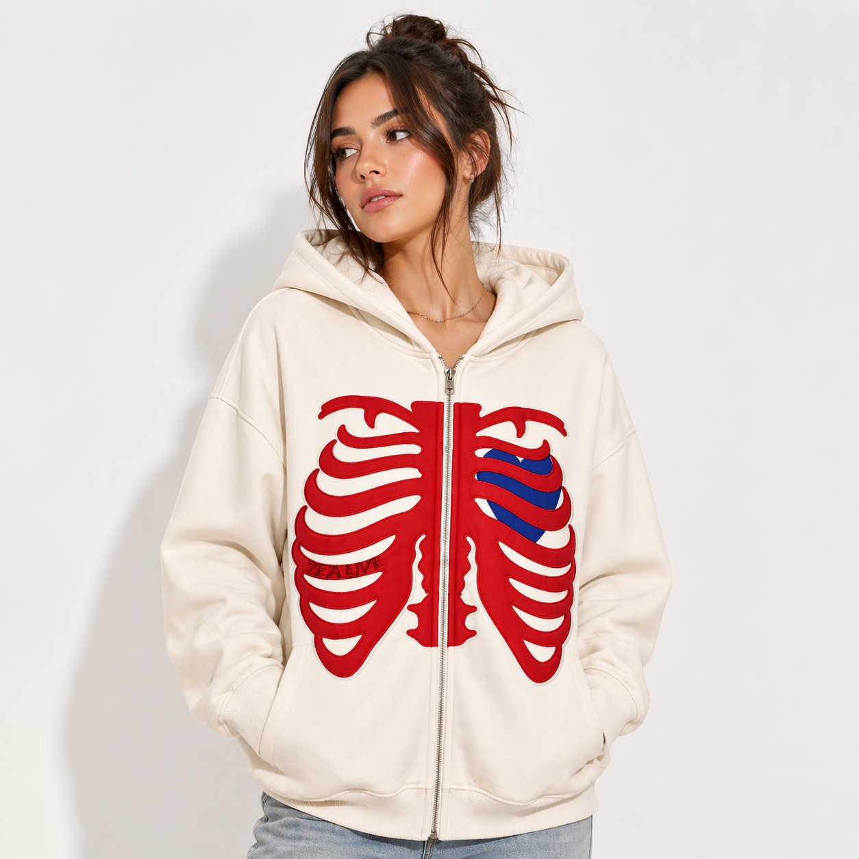 Dames Hoodie Met Rits – Skeletprint – Lange Mouwen – Casual Hoodie – Sweatshirt Met Rits – Zwarte Hoodie – Streetwear Stijl – Comfortabel & Trendy – Maat L – Ritsvest Met Print – Kaptrui Voor Vrouwen – Dagelijks & Festivalgebruik