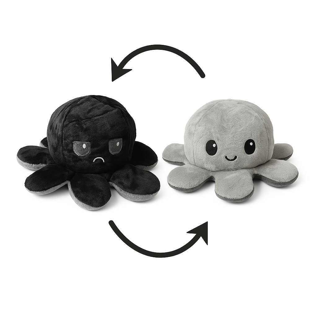 Omkeerbare Octopus Knuffel – Mood Knuffel met Emotie – Schattige Flip Knuffel – Emotionele Support – Zacht Pluche – Dubbelzijdig – 20x20x10 cm – Kleur Wisselend Gezicht - Zwart - Grijs