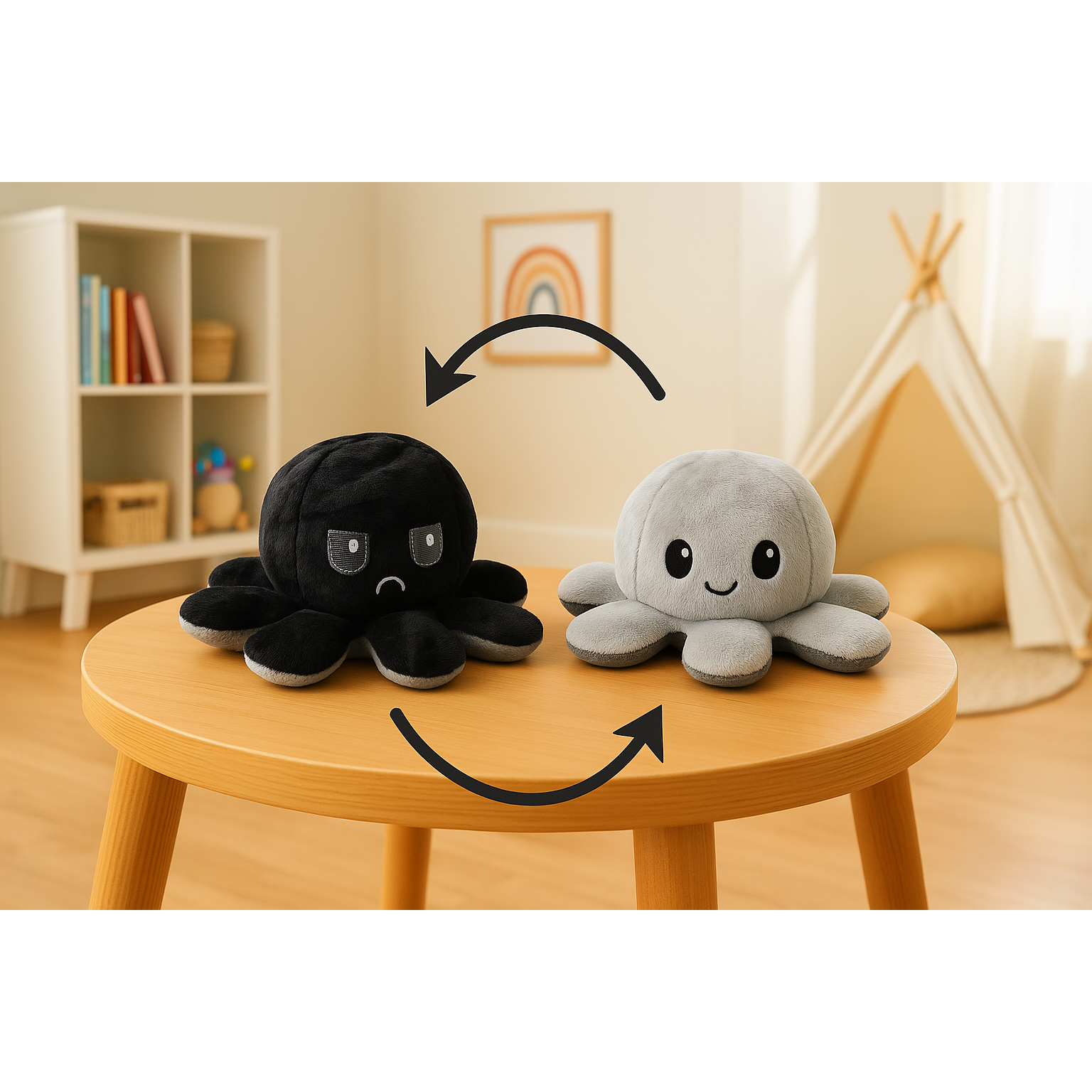 Omkeerbare Octopus Knuffel – Mood Knuffel met Emotie – Schattige Flip Knuffel – Emotionele Support – Zacht Pluche – Dubbelzijdig – 20x20x10 cm – Kleur Wisselend Gezicht - Zwart - Grijs
