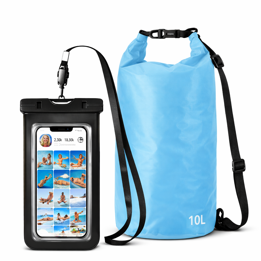 2 stuks – waterdichte dry bag 10L + telefoon waterdichte hoes – seesack met roll top sluiting en schouderband – waterproof tas en smartphone pouch – outdoor set voor strand, kajak, camping en watersport