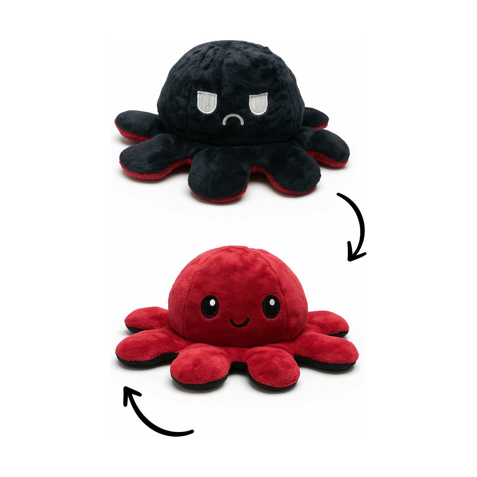 Omkeerbare Octopus Knuffel – Mood Knuffel met Emotie – Schattige Flip Knuffel – Emotionele Support – Zacht Pluche – Dubbelzijdig – 20x20x10 cm – Kleur Wisselend Gezicht - Zwart / Donker Rood