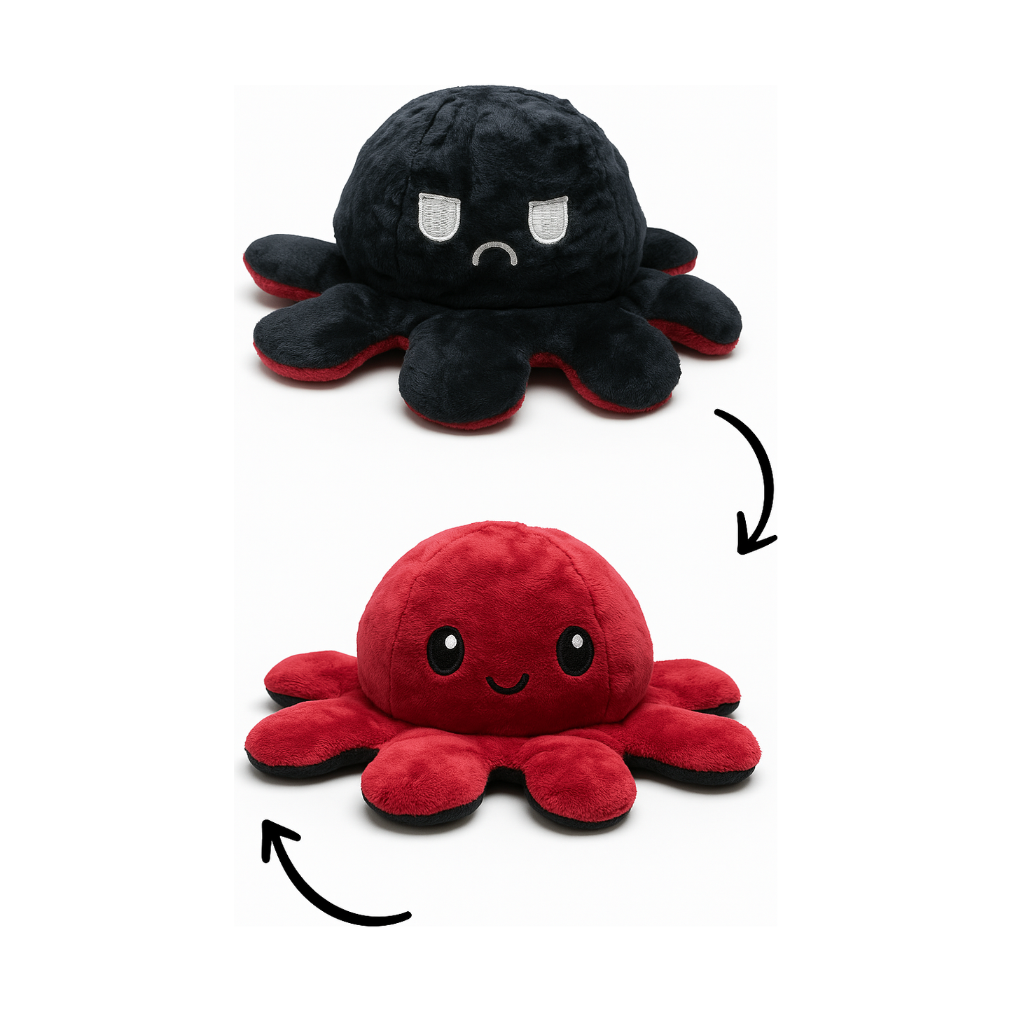 Omkeerbare Octopus Knuffel – Mood Knuffel met Emotie – Schattige Flip Knuffel – Emotionele Support – Zacht Pluche – Dubbelzijdig – 20x20x10 cm – Kleur Wisselend Gezicht - Zwart / Donker Rood