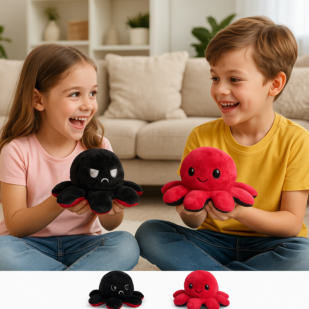 Omkeerbare Octopus Knuffel – Mood Knuffel met Emotie – Schattige Flip Knuffel – Emotionele Support – Zacht Pluche – Dubbelzijdig – 20x20x10 cm – Kleur Wisselend Gezicht - Zwart / Donker Rood