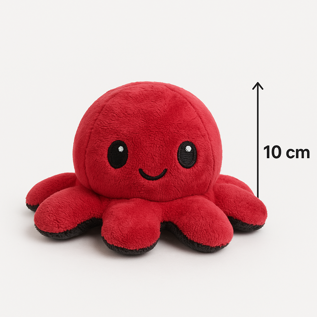 Omkeerbare Octopus Knuffel – Mood Knuffel met Emotie – Schattige Flip Knuffel – Emotionele Support – Zacht Pluche – Dubbelzijdig – 20x20x10 cm – Kleur Wisselend Gezicht - Zwart / Donker Rood