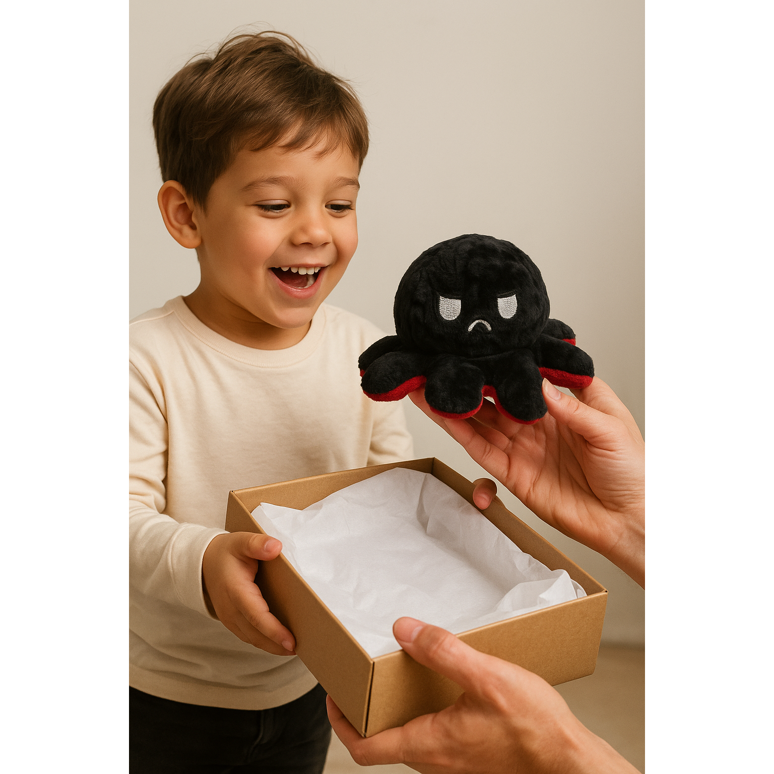 Omkeerbare Octopus Knuffel – Mood Knuffel met Emotie – Schattige Flip Knuffel – Emotionele Support – Zacht Pluche – Dubbelzijdig – 20x20x10 cm – Kleur Wisselend Gezicht - Zwart / Donker Rood