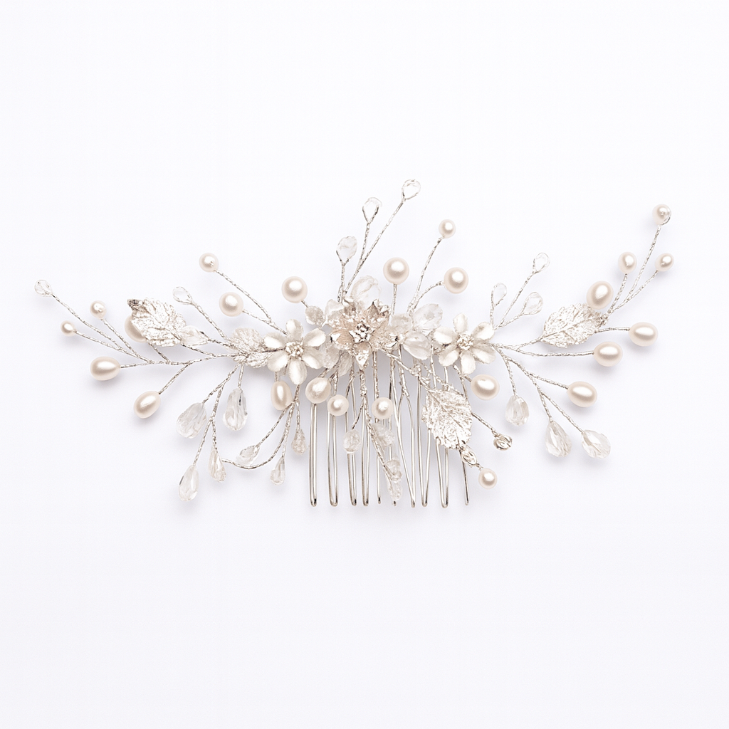 Elegante Zilverkleurige Haarschuifje met Blaadjes en Kraaltjes - Kristal Bloemen - Handgemaakte Haar Accessoires voor Dames