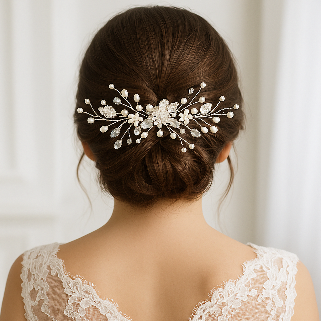 Elegante Zilverkleurige Haarschuifje met Blaadjes en Kraaltjes - Kristal Bloemen - Handgemaakte Haar Accessoires voor Dames