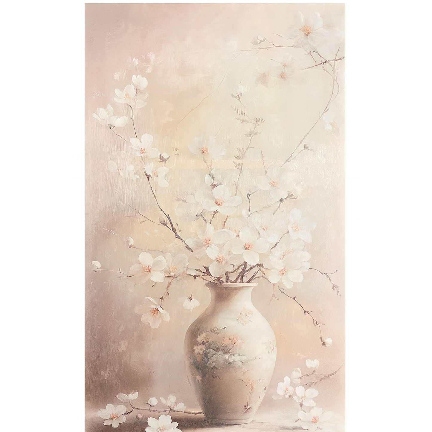 Bloesem in Vaas – Canvas Print 60 × 120 cm – Elegante Bloemendecoratie in Zachte Pasteltinten voor Woonkamer of Slaapkamer