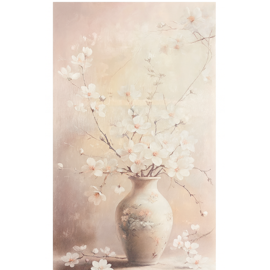 Bloesem in Vaas – Canvas Print 60 × 120 cm – Elegante Bloemendecoratie in Zachte Pasteltinten voor Woonkamer of Slaapkamer