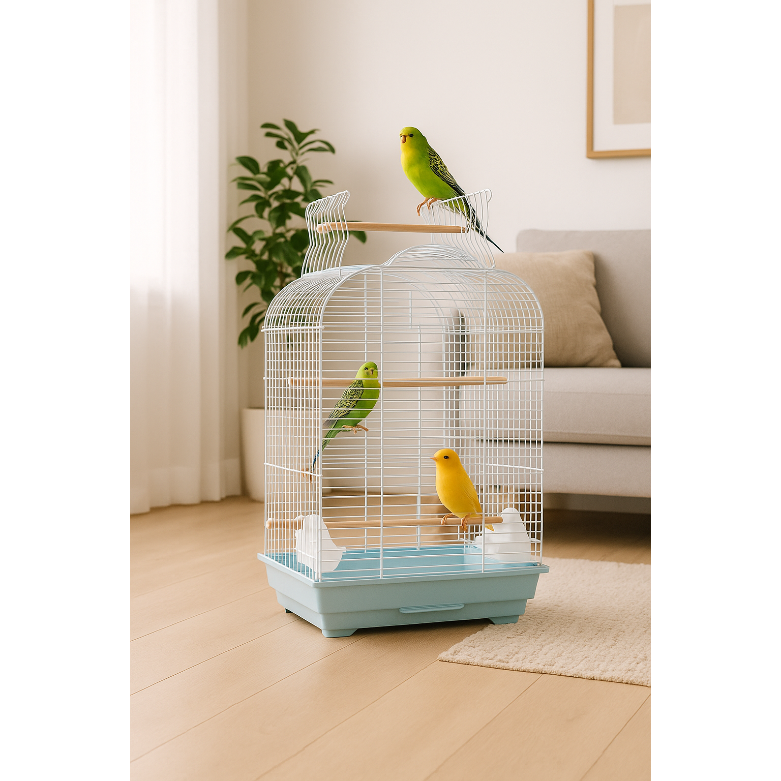 Grote Vogelkooi van Roestvrij Staal – Draagbare Metalen Vogelkooi met Houten Deur en Uittrekbare Lade – Duurzame Vogelkooi voor Binnen & Buiten (Wit, 42×37×62 cm)