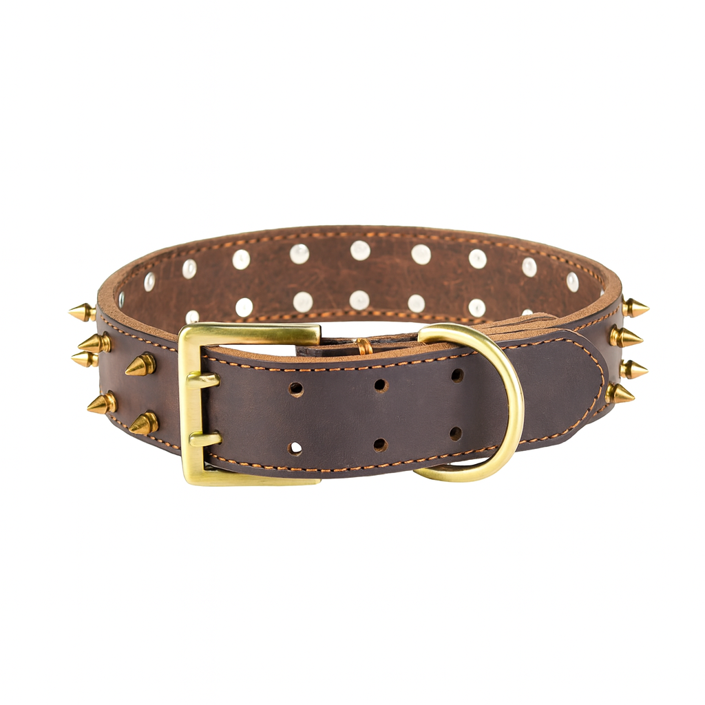 Leren Hondenhalsband – Middelgroot – Stekels – Roodbruin Donker Eiken – Echt Leer – Zacht en Comfortabel – Maat L