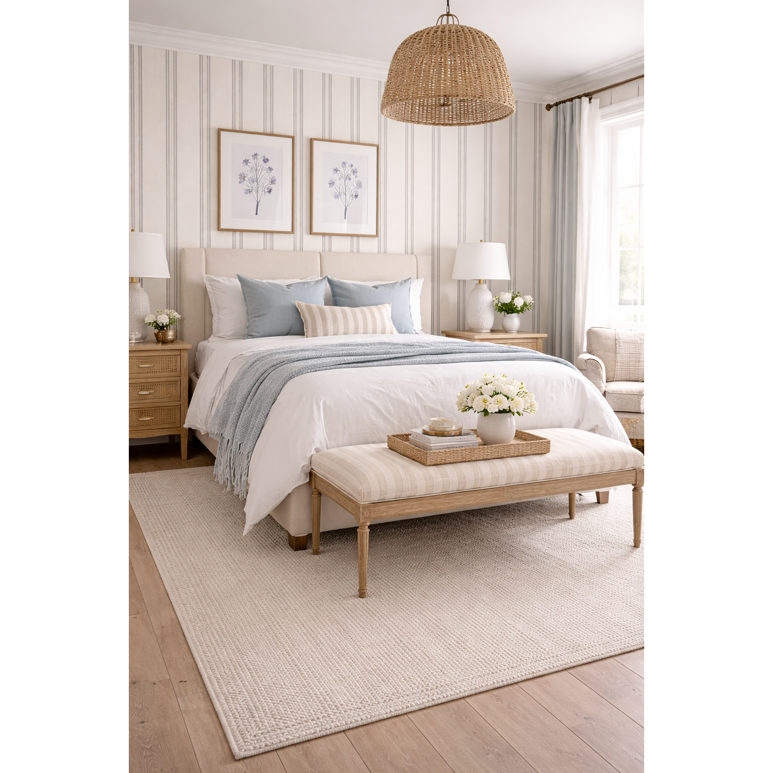 Studio Ana natuurlijk vezel behang – gestreept wandbehang beige met blauwe lijnen – 91 cm x 5.5 m rol – decoratief textuur behang – wandbekleding voor woonkamer, hal en slaapkamer – modern klassiek streepbehang