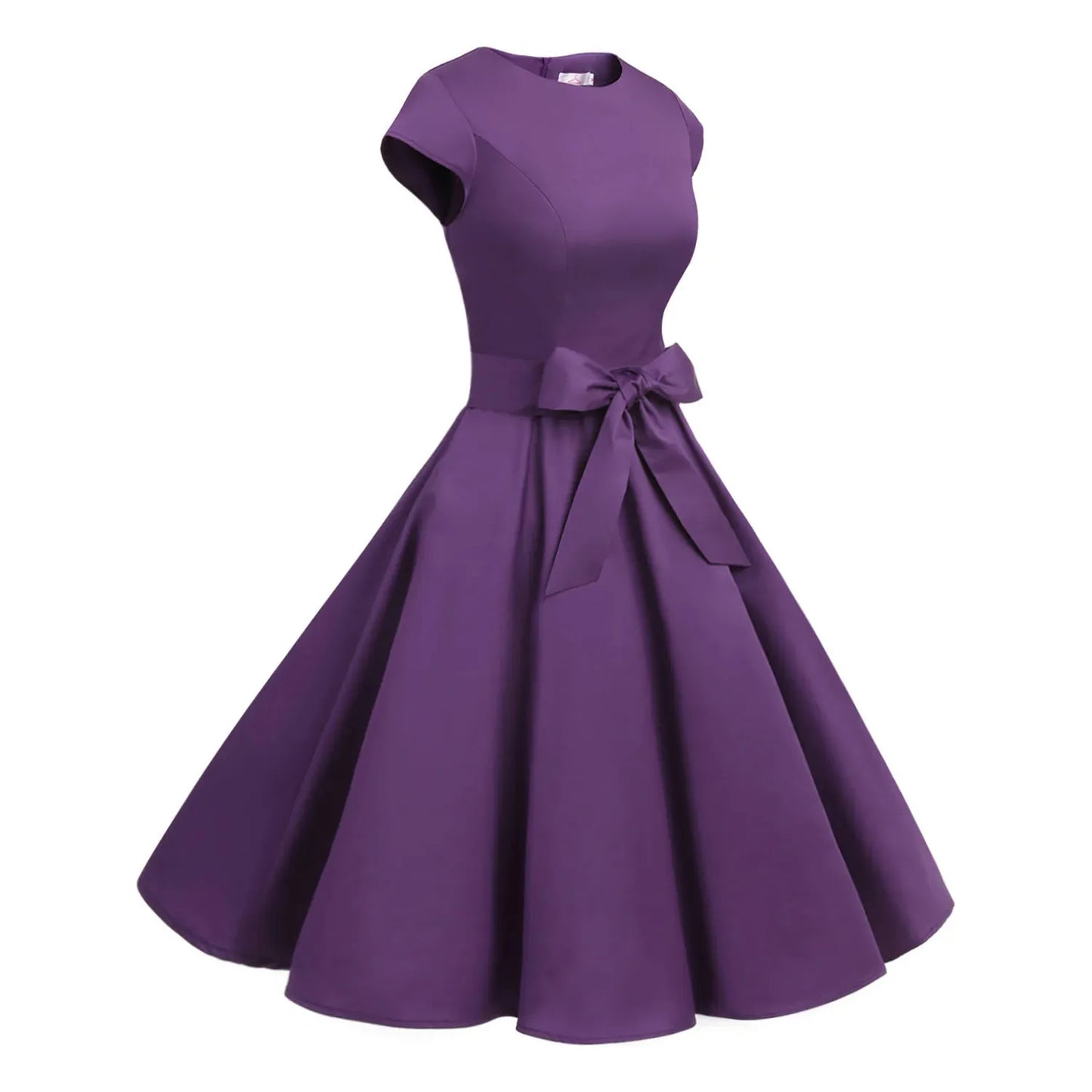 Vintage Jaren 50 Jurk – Maat 3XL - Cap Mouwtjes – Knie-lengte Swing Dress – Flared Cirkelrok – 90% Katoen – Retro Audrey Hepburn Stijl – Paars – Voor Rockabilly, Cocktail, Themafeest of Cosplay