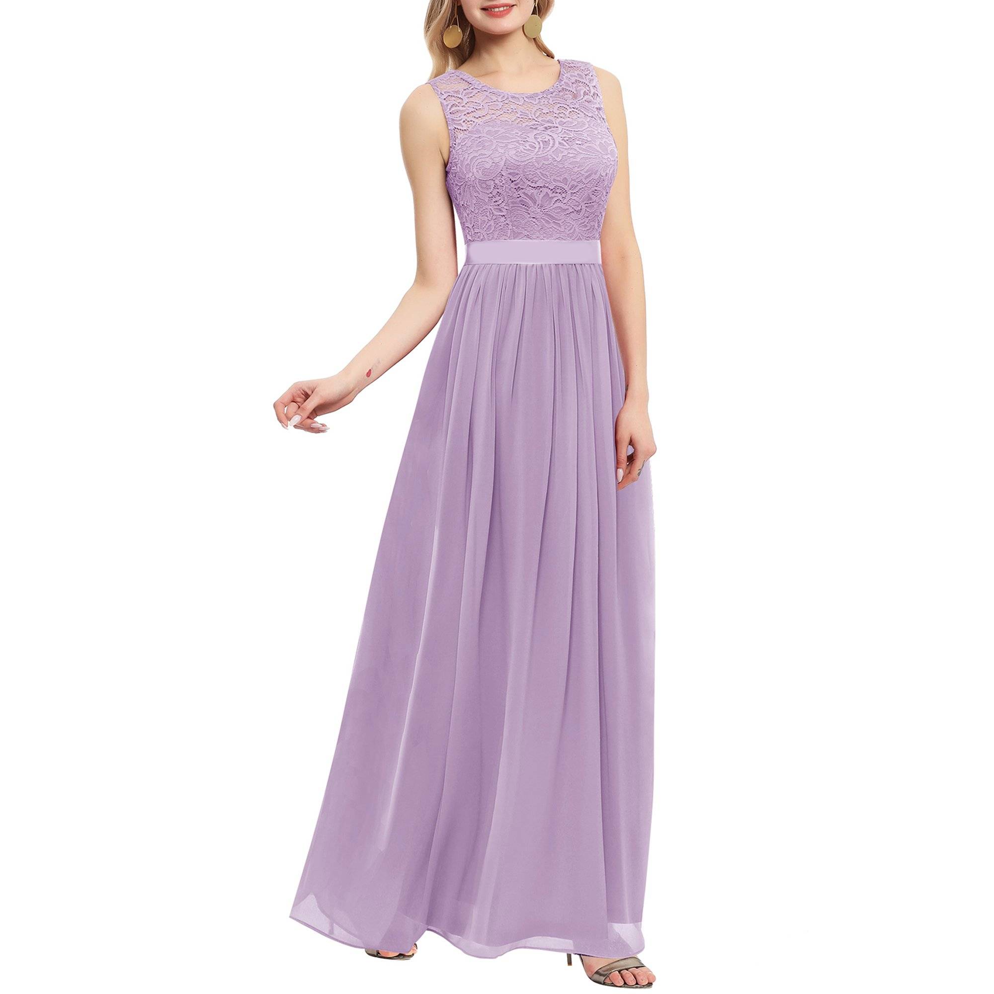 Lange Mouwloze Damesjurk met Kant en Chiffon - Bloemenkant Bovenstuk - Maxi Jurk met Satijnen Strik - Formele Avondjurk voor Bruiloft, Feest of Gala - Vloerlengte - Elegant & Comfortabel - Lavender
