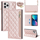 iPhone 11 Pro Max Hoesje - Luxe Rits Lederen Telefoonhoes met Grid Patroon Lanyard - Roségoud - Stijlvolle Bescherming - Modieus Design - Handige Draaglus - Premium Kwaliteit - Accessoire voor iPhone 11 Pro Max