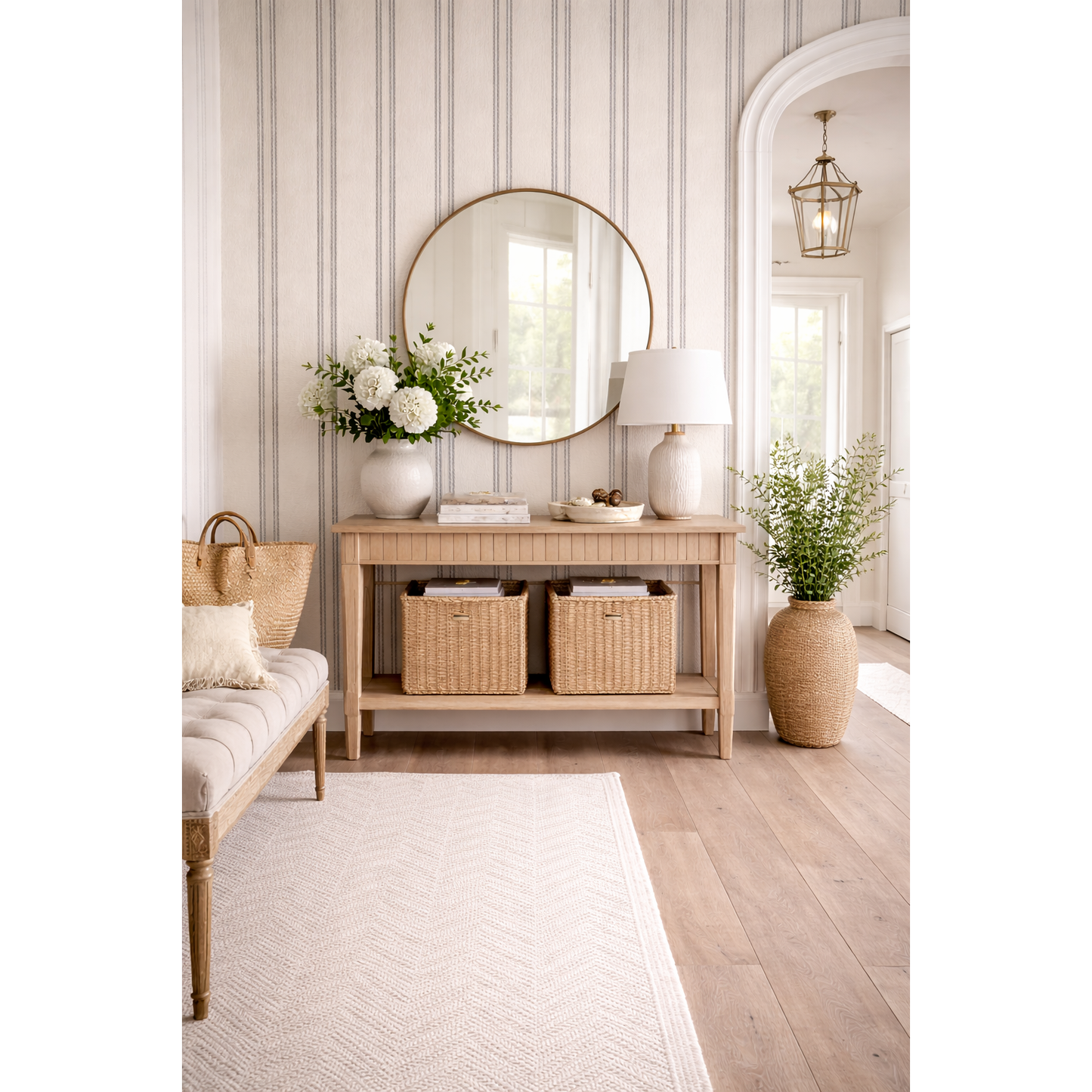 Studio Ana natuurlijk vezel behang – gestreept wandbehang beige met blauwe lijnen – 91 cm x 5.5 m rol – decoratief textuur behang – wandbekleding voor woonkamer, hal en slaapkamer – modern klassiek streepbehang