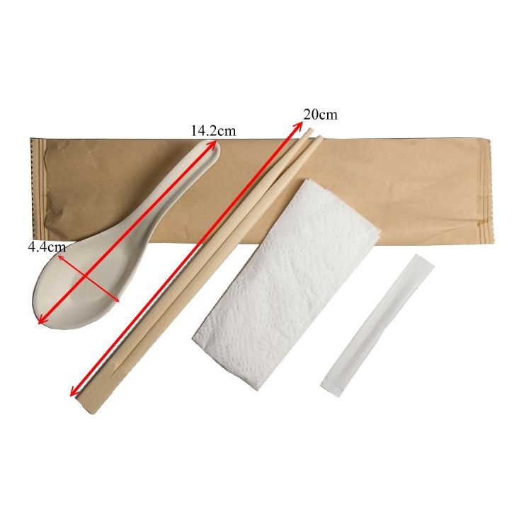 100 Stuks - Individueel Verpakte Restaurant Bamboe Besteksets - Chopstick Set - Inclusief Eetstokjes, Lepel, Servet en Tandenstoker - Perfect voor Picnic, BBQ, Feest, Restaurant, Reizen, Camping