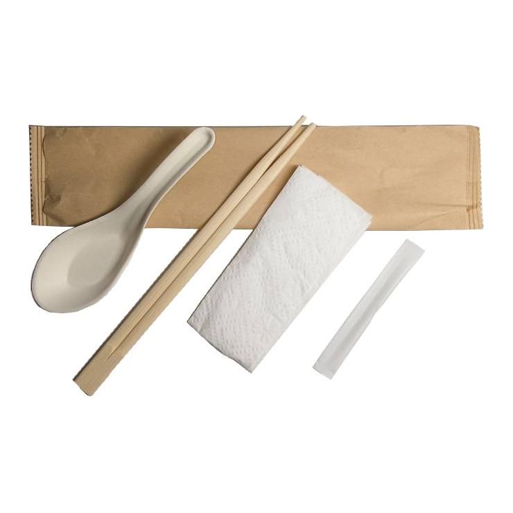 100 Stuks - Individueel Verpakte Restaurant Bamboe Besteksets - Chopstick Set - Inclusief Eetstokjes, Lepel, Servet en Tandenstoker - Perfect voor Picnic, BBQ, Feest, Restaurant, Reizen, Camping