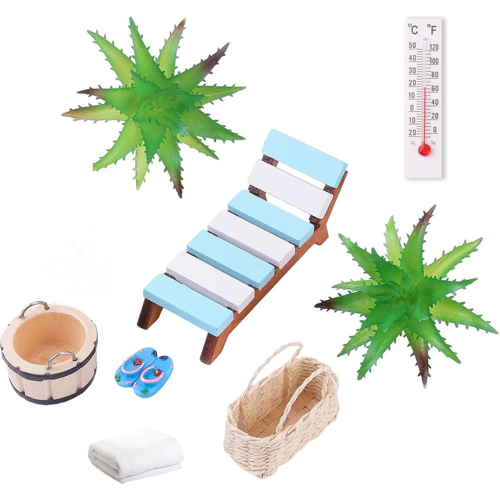 Miniatuur Sauna Accessoires Set - 11-Delige Wellness Deco Accessoires - Spa, Sauna, Wellness Cadeaukaart Idee - Miniatuur Lounger, Handdoek, Houten Ton, Emmer, Kunstplanten - Perfect Voor DIY Landschapsdecoratie En Cadeauverpakkingen