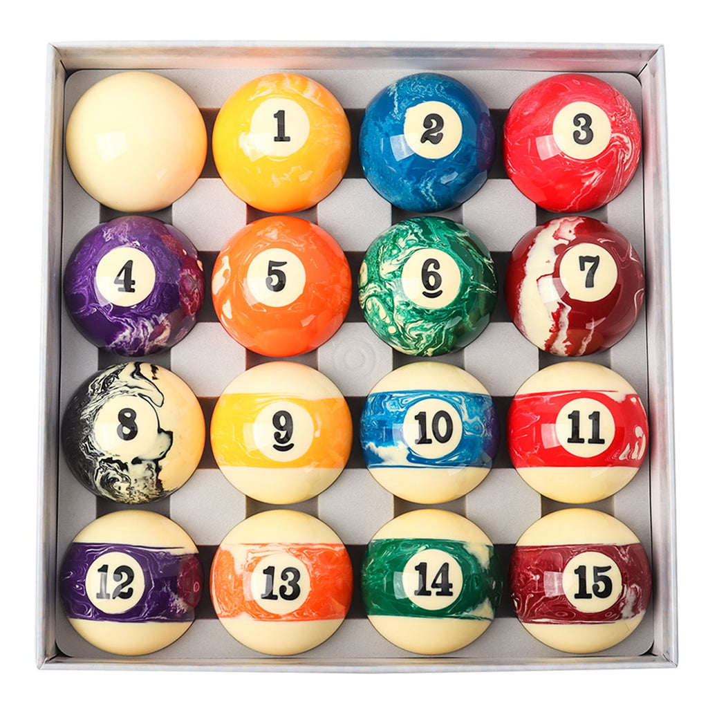 Professionele Biljartballen Set - Pooltafel Ballen - Officiële Afmetingen - 2-1/4 Inch Diameter - 57 mm - Polyesterhars - Krasbestendig - Hoge Impact Weerstand - Marmer Swirl Stijl - Voor Spelkamers - Bars - Geschikt voor Biljart en Pool