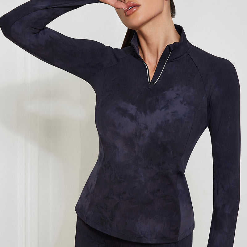 Vrouwen Sport Shirts met Rits - Comfortabele Slim Fit Jas voor Yoga en Workouts - Duimgaten en Sneldrogend Materiaal - Tie Dyed Grey - Small