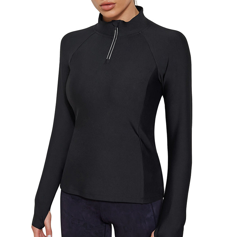 Vrouwen Sport Shirts met Rits - Comfortabele Slim Fit Jas voor Yoga en Workouts - Duimgaten en Sneldrogend Materiaal - Zwart - Large