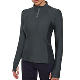 Vrouwen Sport Shirts met Rits - Comfortabele Slim Fit Jas voor Yoga en Workouts - Duimgaten en Sneldrogend Materiaal - Grijs - Small